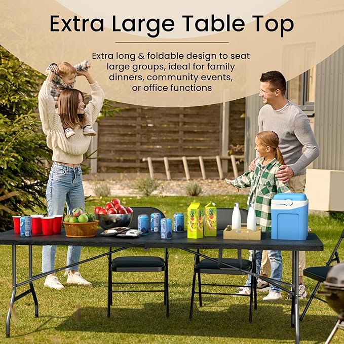 Our Modern Space 8 Feet Foldable Table with Built in Handle & Steel Legs | Heavy Duty Portable | Perfect for Party, Dining, Wedding, Events, Picnic Indoor, Outdoor, Camping, Utility, Temporary