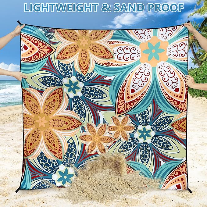 HIHOHO Beach Blanket Waterproof Sandproof Beach Mat for 1-8 Adults Quick Drying Durable Outdoor Picnic Mat for Beach Festival Travel Camping Hiking (Flourishing Blossom-R&GN, 79"×83"(4 Person))