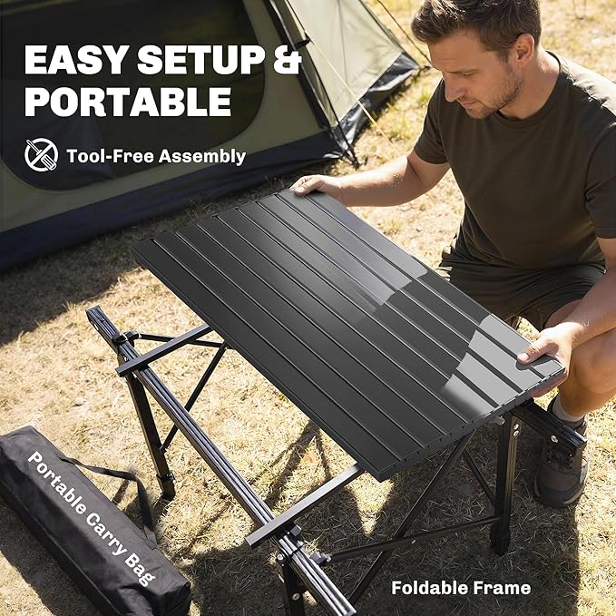 Outsunny 3ft Portable Camping Table with Storage Bag, Adjustable Height Aluminum Small Folding Table, Lightweight Picnic Table with Carry Bag for Outdoor Picnic BBQ Backyards Beach, Black