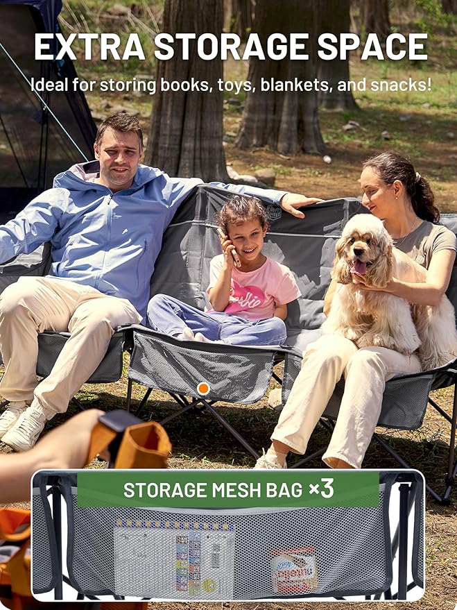 Timber Ridge 3 Person Camping Chair Supports to 1050lbs, Portable Camp Couch Padded Camping Chairs, Outdoor Oversized Folding Loveseat Perfect for Campsites, Patio/Lawn, Soccer Games, Grey