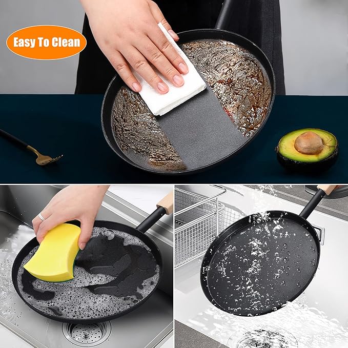 bodkar Frying Pan Skillet 8-inch Flat Griddle Pan, Lightweight Small Grill Pan with Wooden Handle for Camping Indoor Outdoor Cooking