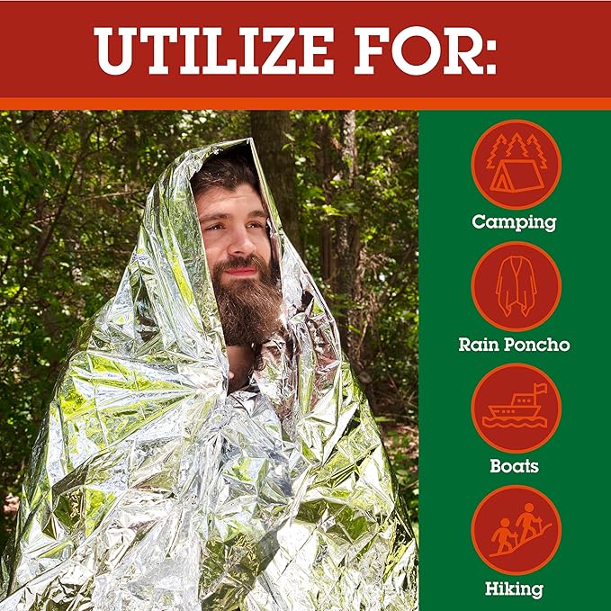 Grizzly Gear Emergency Mylar Thermal Blankets (4 Pack) Survival Kit Camping Blanket-Hiking Outdoors, Marathon Runs or First Aid Set-Bug Out Bag-Keep Heat Insulated