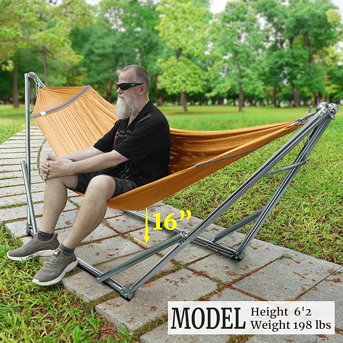Tranquillo Adjustable Portable Hammock with Stand, Collapsible Camping Hammock, 650 lbs Capacity 2 Person Hammock with Stand, 30 Seconds Assembly Foldable Hammock Travel, Yellow