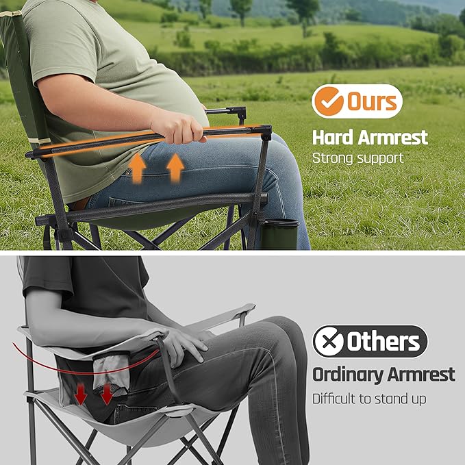 Oversized Folding Camping Chairs for Adults Heavy Duty Camp Chair Support 400 LBS Steel Frame Metal Arm Lawn Chairs with Swivel Cup Holder & Hollow Backrest Extra Large Outdoor Chairs Green