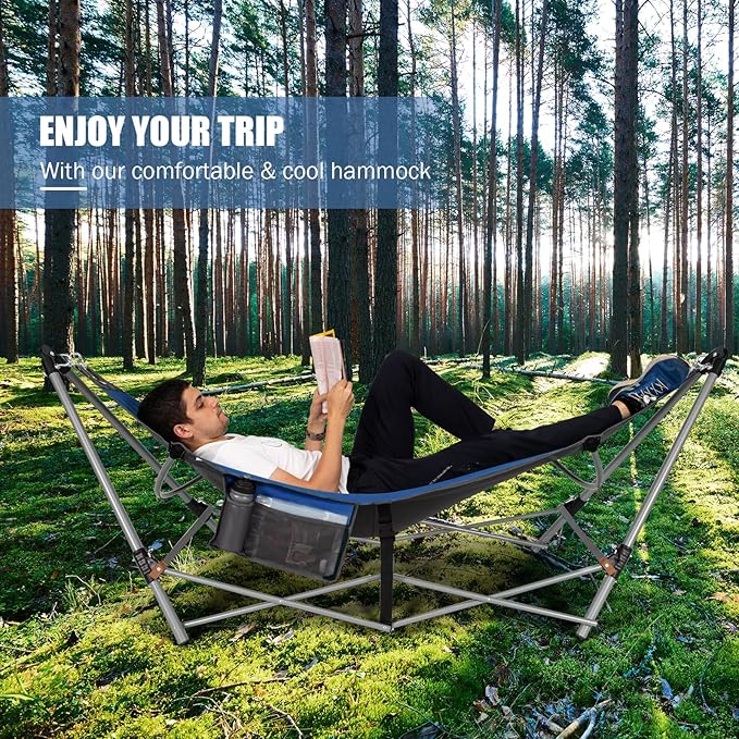 Portable Folding Hammock w/Side Pocket, Lounge Camping Bed w/Metal Stand & Anti-tip Buckles, Outdoor Camping Hammock with Carrying Bag for Patio Garden Yard, Easy Assembly (Blue)