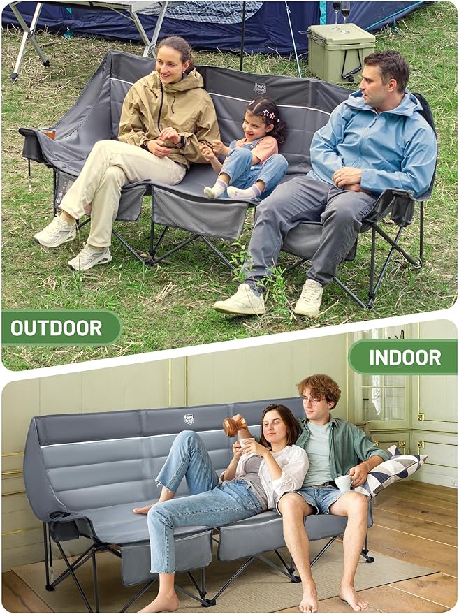 Timber Ridge 3 Person Camping Chair Supports to 1050lbs, Portable Camp Couch Padded Camping Chairs, Outdoor Oversized Folding Loveseat Perfect for Campsites, Patio/Lawn, Soccer Games, Grey