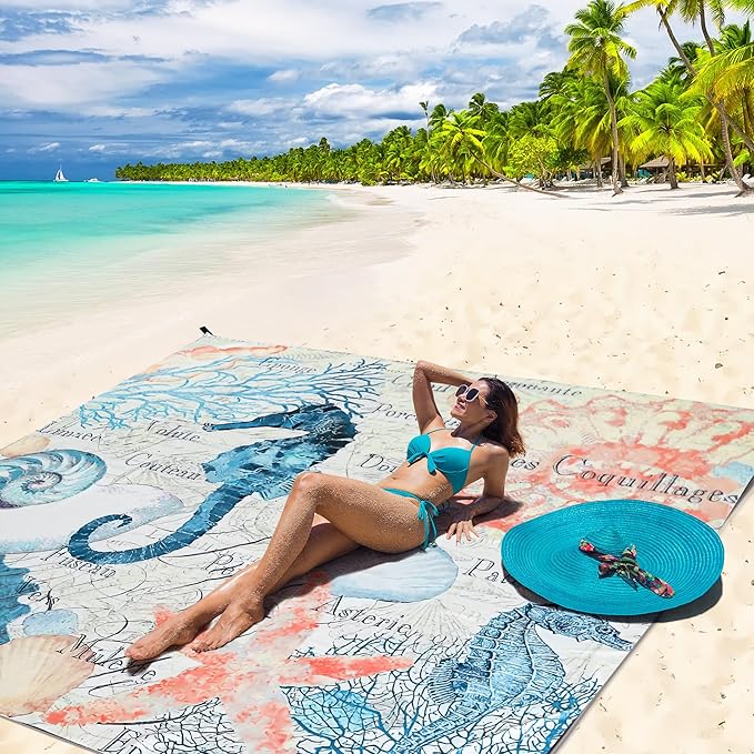 HIHOHO Beach Blanket Waterproof Sandproof Beach Mat for 1-8 Adults Quick Drying Durable Outdoor Picnic Mat for Beach Festival Travel Camping Hiking (Vintage-Seahorses, 79"×83"(4 Person))
