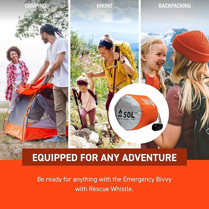 S.O.L. Survive Outdoors Longer SOL Emergency Bivvy XL w/Rescue Whistle - Reflects up to 90% Body Heat - Waterproof Emergency Blanket for Survival Gear - 84" x 60" - 5.8 oz - Orange