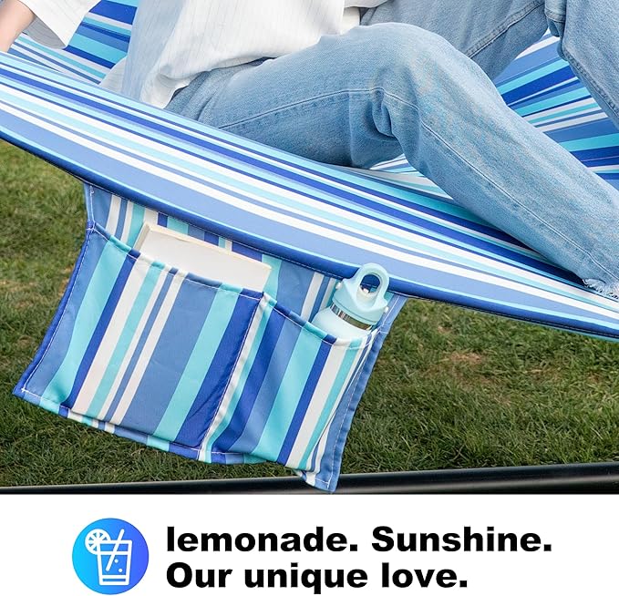 GAFETE 2 Person Hammock with Stand for Outside, 12ft Heavy Duty Steel Stand, Double Hammocks with Hardwood Spreader Bar, Large Removable Pillow, Side Pockets, Max 475 lbs Capacity (Ocean Blue)