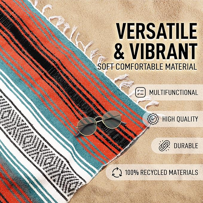 Hydration Nation Authentic Large Handwoven Mexican Blanket - Soft Yoga - Durable Serape - Lightweight Falsa, Beach, Camping, Picnic, Outdoor 70"x50" - Mandarin