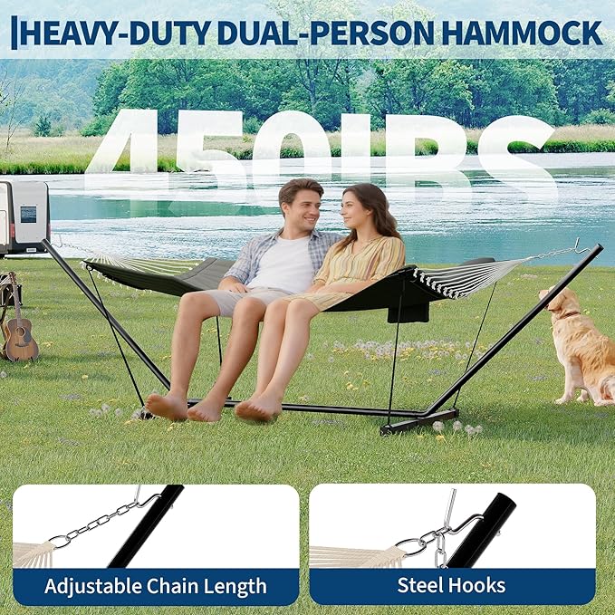 Garvee﻿ 2 Person Hammock with Stand for Outside, Double Hammock with Stand and Pillow, Max 450 Lbs Capacity with Balance Rope, Large Hammock for Outdoor Patio Backyard Poolside