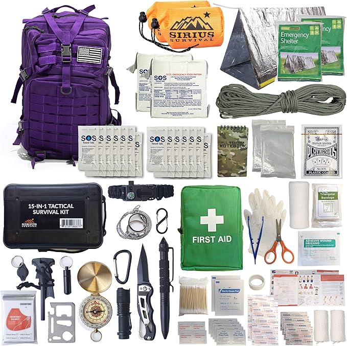 Sirius: Bug Out Bag Starter Kit - 72 Hour Kit for 1 Person – Backpack Survival Kit – 50L Tactical Backpack, US Made Food & Water, Medical Supplies & Survival Tools