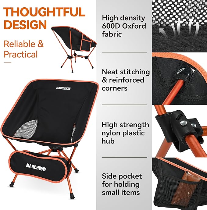 MARCHWAY Lightweight Folding Camping Chair with Spring Lock, Stable Compact Portable for Outdoor Camp, Travel, Beach, Picnic, Festival, Hiking, Backpacking (Lowback Orange)