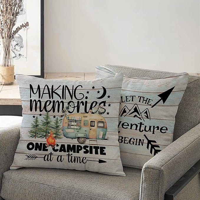 Happy Camper Throw Pillow Covers Set of 4 18" x 18" Vintage Rustic Wood Camper Quote Blue Square Throw Pillow Covers Home, Living Room, Bedroom, Home Staging, Outdoors