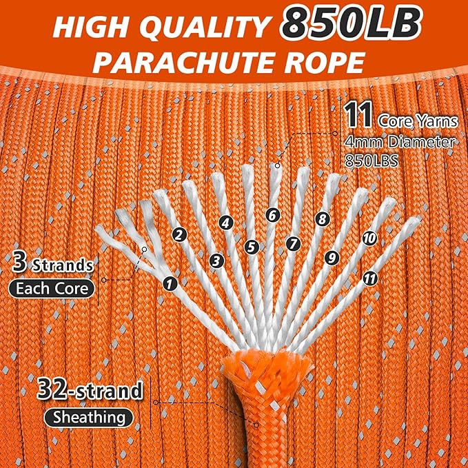 Paracord Reflective Rope 850Ib, 50/100/200/500/1000ft 4MM 11 Strand Strong Parachute Spool Cord, para Cord Lanyard for Clothsline, Hammock, Camping, Hiking and Survival, Orange 200FT