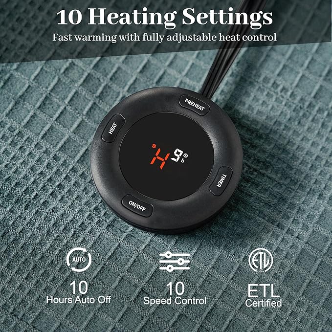 Texciting Electric Blanket Queen Size 84''X90'' - Heated Blanket with Dual Control Fast Heating 10 Heating Levels & 10 Hours Auto Off,ETL Certified Machine Washable (Green)