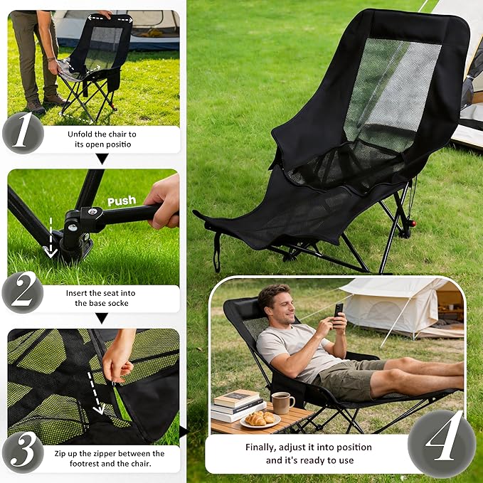 Black Reclining Camping Chair with Footrest, Portable Folding Lounge Chair, 4-Position Adjustable Folding Camping Chair with Headrest & Storage Bag for Outdoor Lawn, Hiking, Picnic, Fishing