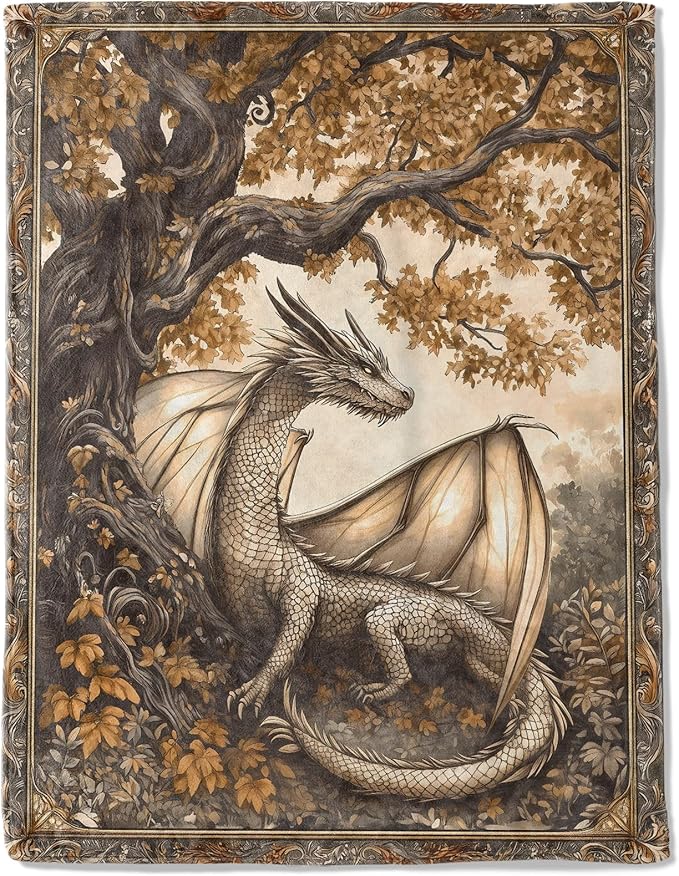 Autumn Dragon Fleece Blanket - Lightweight Soft Cozy Gifts Throw for Fantasy Lovers,Women,Men,Enchanting Tree of Life Blankets,Home Room Modern Artistic Decor 60x80in