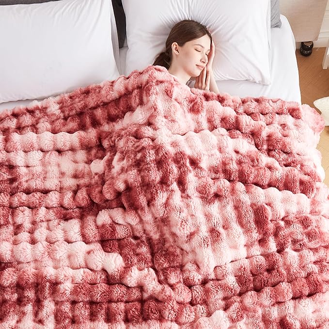 50x60 Inches Ultra-Soft Fuzzy Faux Fur Plush Throw Blanket - Thick, Warm Sherpa for Couch, Sofa, Bedroom, Camping - Decorative Blanket for Cozy Warmth, Bubble Dusty Rose Tie Dye