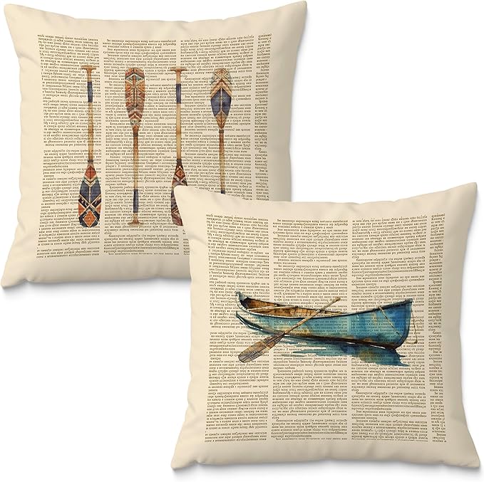 Vintage Lake House Pillow Covers 18x18, Lake House Decor for The Home Room, Boat Paddle Throw Pillow Covers Set of 2, Lake Life Decor Gifts, Lake House Gifts for New Home