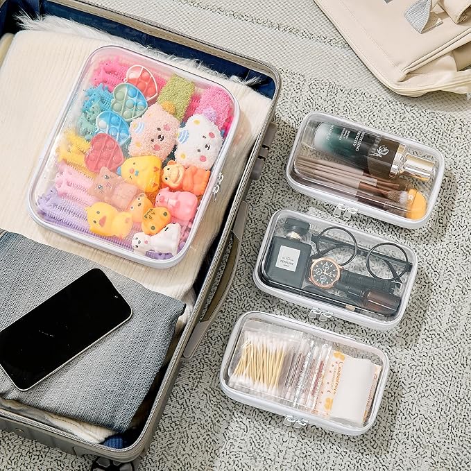 4 pcs Clear Zipper Pouches,Hard Shell Zipper Case, Toiletry Bag for Travel, CLear Diaper Bag, Toiletry Pouch, Travel Organizer, Cosmetic Bag,Toy Storage Bins (M+3S)