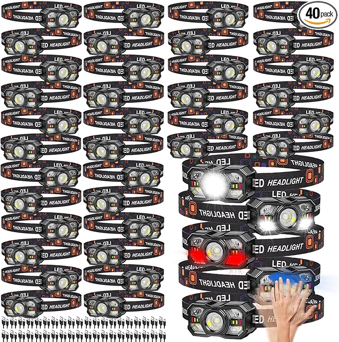 KunHe 40 Pack Headlamp Flashlight Head Lamps led Rechargeable Headlight Motion Sensor Head Lamp 10 Mode for Outdoor Camping Gear Hiking Fishing Running Cycling Headlight Emergency Lights for Home