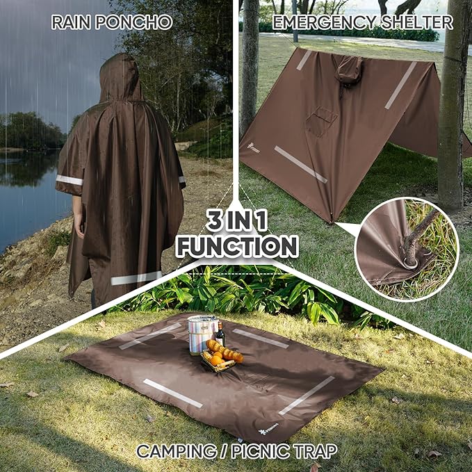 PTEROMY 3-in-1 Hooded Rain Poncho for Adult with Pocket, Waterproof Lightweight Unisex Raincoat for Hiking Camping Emergency
