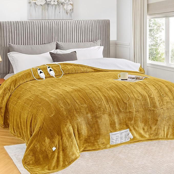 greenoak Heated Blanket Electric Queen Size 84"X90" Dual Control, Heating Blankets with 10 Levels 8 Hours Auto-Off, Soft Flannel House Warming Gifts for Grandma Seniors Mom, Brownish Yellow