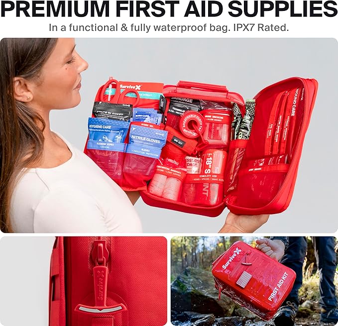 SurviveX Large Waterproof First Aid Kit for Car, Travel & Home - Emergency Kit for Hiking, Camping, Backpacking and Outdoors - Includes Zip Stitch Wound Closure Strips
