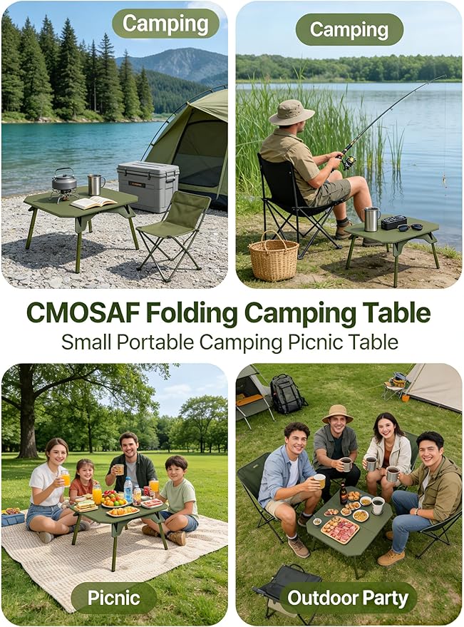 Foldable Camping Table | Adjustable Height Portable Camp Table for Backpacking, Picnic & Car Travel | Compact Small Folding Table with Carrying Bag & Cup Coasters | Camping Essentials