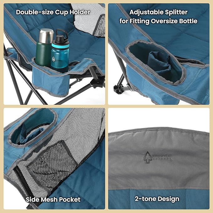 ARROWHEAD OUTDOOR Oversized Folding Camp Chair w/Adjustable Double Sized Cup Holder, Mesh Sides, Inner Pockets, Carry Bag, 300 LBS Weight Capacity