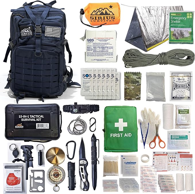 Sirius: Bug Out Bag Starter Kit - 72 Hour Kit for 1 Person – Backpack Survival Kit – 50L Tactical Backpack, US Made Food & Water, Medical Supplies & Survival Tools