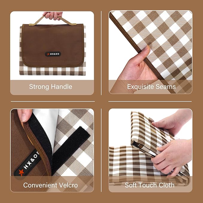 HX&OD Outdoor Picnic Blanket 80"X80" Picnic Mat Extra Large Camping Blanket Beach Blanket Foldable Waterproof Sand Mat Hiking Travel Family Concerts(Brown)
