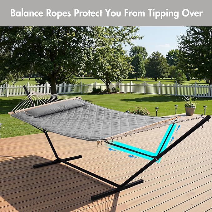 ANOW Double Hammock with Stand 12FT, Heavy Duty Hammocks with Stand for Outdoors, 450 LBS Weight Capacity, Light Gray