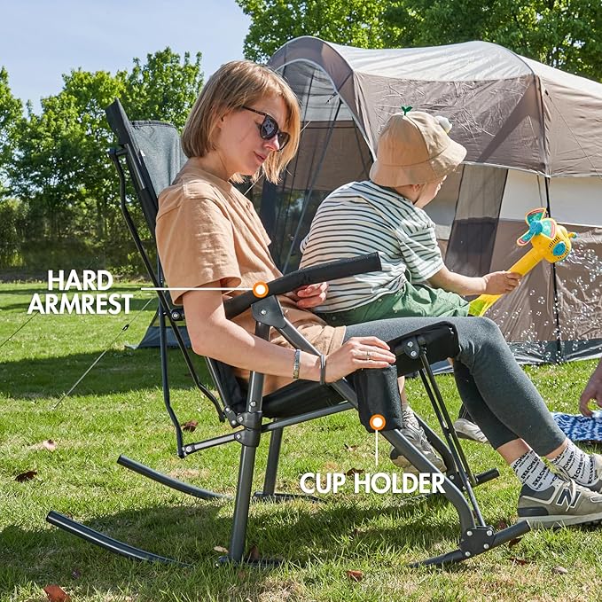 PORTAL Oversized Folding Rocking Camping Chair Portable Outdoor Rocker with High Back Hard Armrests Carry Bag, Supports 400 lbs