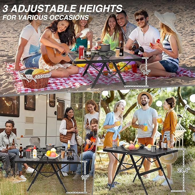 REDCAMP Folding Grill Table for Outside, Portable Metal Aluminum Outdoor Grill Table with Adjustable Height Pull-Out Square Tube Legs, Great for Camping Picnic Cooking BBQ, 36" L x 24" W