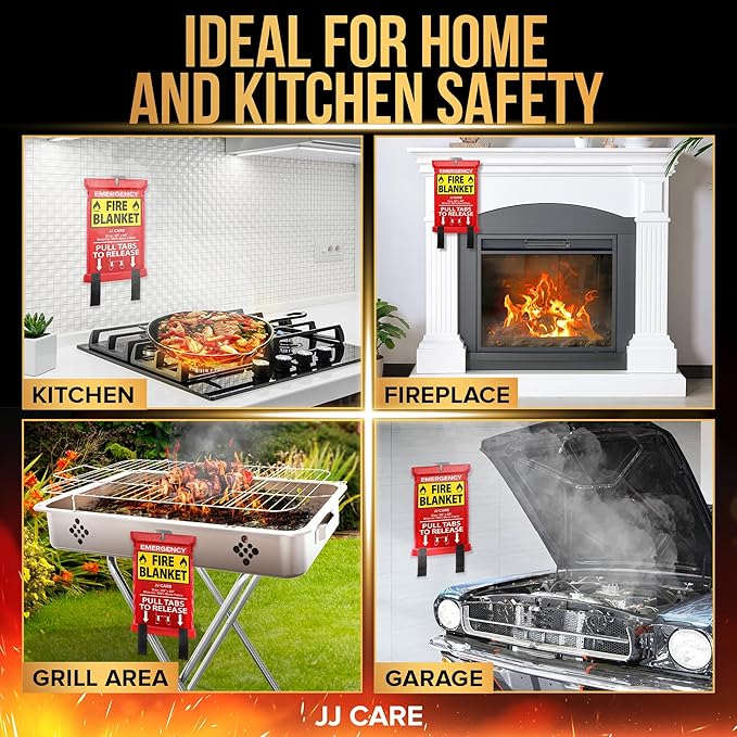 JJ CARE Fire Blanket – 7 Packs with Hooks and Gloves – 40” x 40” Fire Blankets Emergency for Home and Kitchen, High Heat Resistant and Flame Protection for Kitchen, Car, Office, Camping & Home Safety