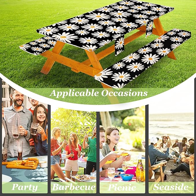 Fitted Picnic Table Cover with Bench Covers, Windproof Vinyl Table Cloths Outside Camping Cooking Backyard Furniture Seat Cushion Tablecloth Activities Party Decor Decorations Para Acampar Equipment