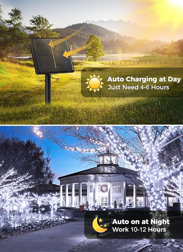 Solar String Lights Outdoor, 2 Pack Total 80 FT 200 LED Solar Powered String Lights with 8 Lighting Modes, Waterproof Patio Lights, Outdoor Solar Lights for Outside Tree Balcony Gazebo, Pure White