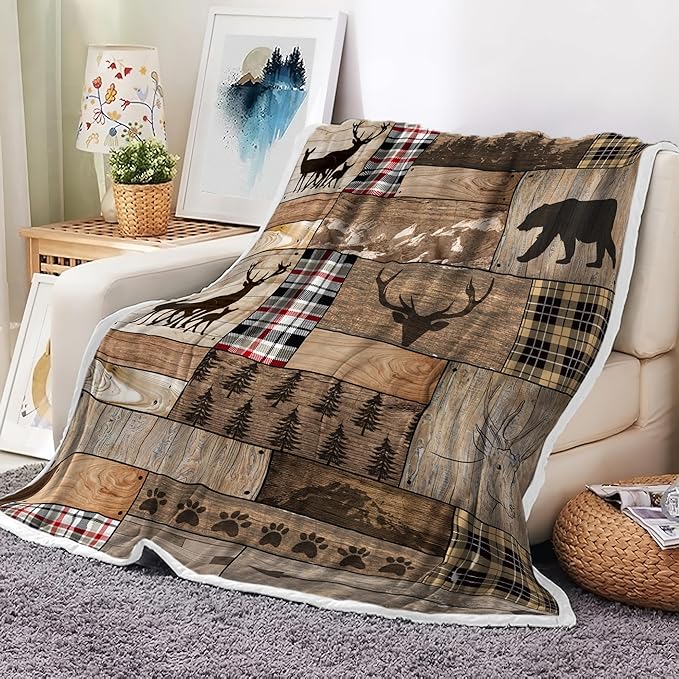 Torich Rustic Farmhouse Throw Blankets, Cabin Hunting Deer Bear Sports Cozy Warm Bed Couch Blanket, Country Wooden Hunting Camping Forest White Fleece Flannel Throws to Decorate The Room and Bedroom