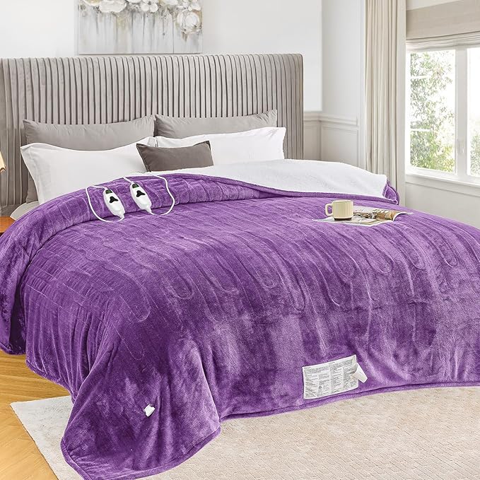 greenoak Heated Blanket Electric Queen Size 84"X90" Dual Control, Heating Blankets with 10 Levels 8 Hours Auto-Off, Soft Sherpa Fluffy House Warming Gifts for Grandma Seniors Momt,Wisteria
