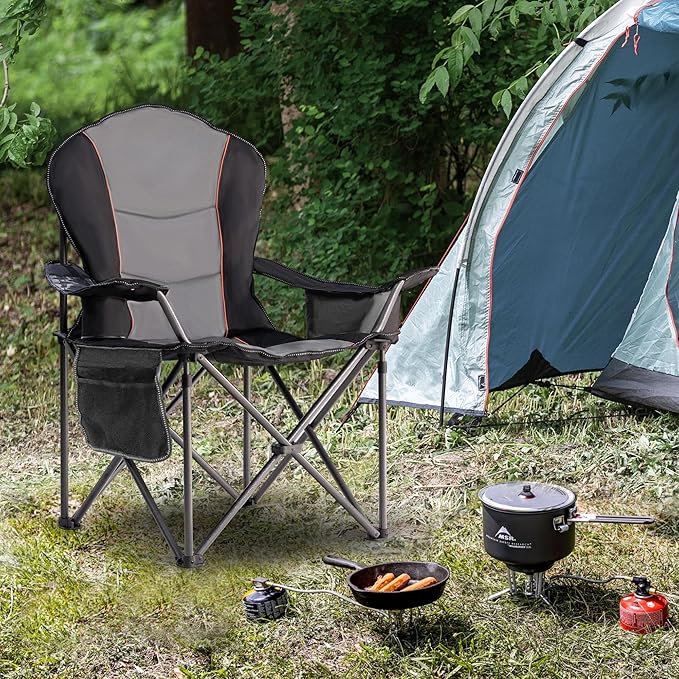 Oversized Camping Chair Heavy Duty- Portable Folding Chair, Cup Holder & Waterproof Phone Case for Adults, Beach, Hiking, Backyard (Black & Gray, 2 PCS)