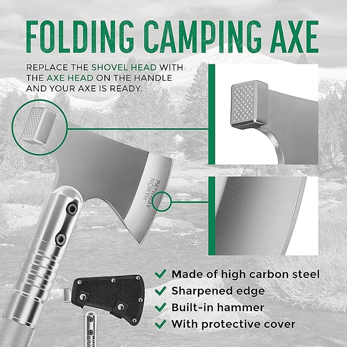 Survival Shovel and Camping Axe – Stainless Steel Tactical Survival Multi-Tool and Survival Hatchet Equipment for Outdoor Hiking Camping Gear, Hunting, Backpacking Emergency Kit(Silver)