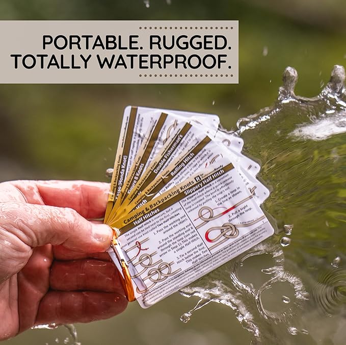 ReferenceReady Outdoor Knots Pocket Guide - Waterproof Knot Tying Cards with Mini Carabiner, 22 Rope Knots for Camping, Backpacking, Scouting and Bushcraft