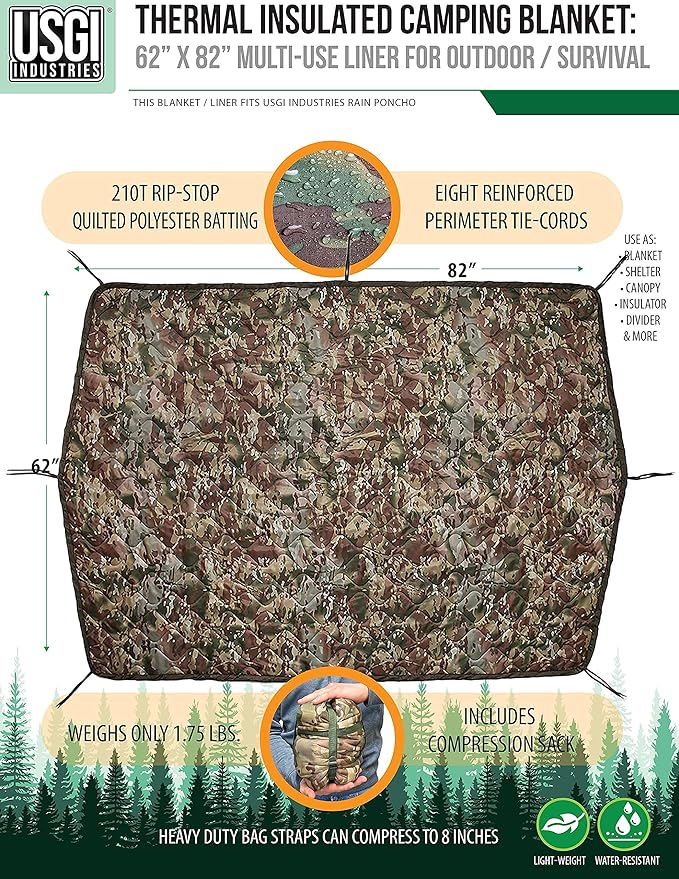 USGI Industries Military Woobie Blanket | Thermal Insulated Camping Blanket, Poncho Liner | Large, Portable, Insulation, Water-Resistant, for Hiking, Survival | Compression Carry Bag