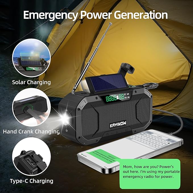 Weather Radio with AM/FM/NOAA,Bluetooth,Hand Crank Emergency Radio,5000mAh Battery Power,IPX5 Waterproof,Portable and Shock-Resistant,Flashlight and SOS for Home Outage Storm Emergencies