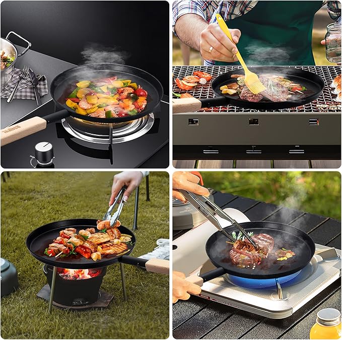 bodkar 8-inch Frying Pan Skillet Flat Crepe Pan, Lightweight Grill Pan with Wooden Handle for Camping Indoor Outdoor Cooking