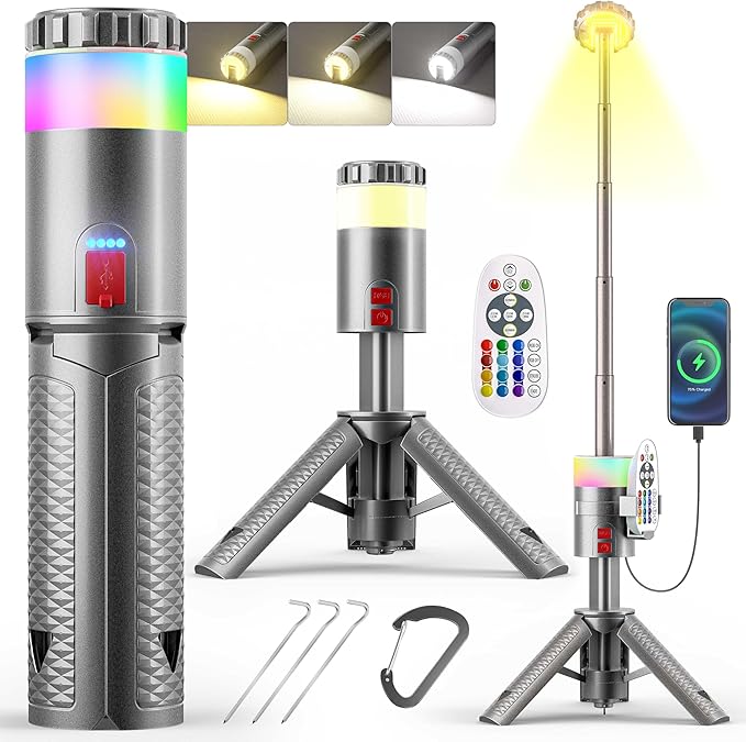 Favourlite Camping Lantern, Telescopic Camping Lantern Rechargeable with 15 Color Temperatures 10000mAh Camping Essentials with Hook Portable Waterproof Lanterns for Power Outages, Emergency, Hiking