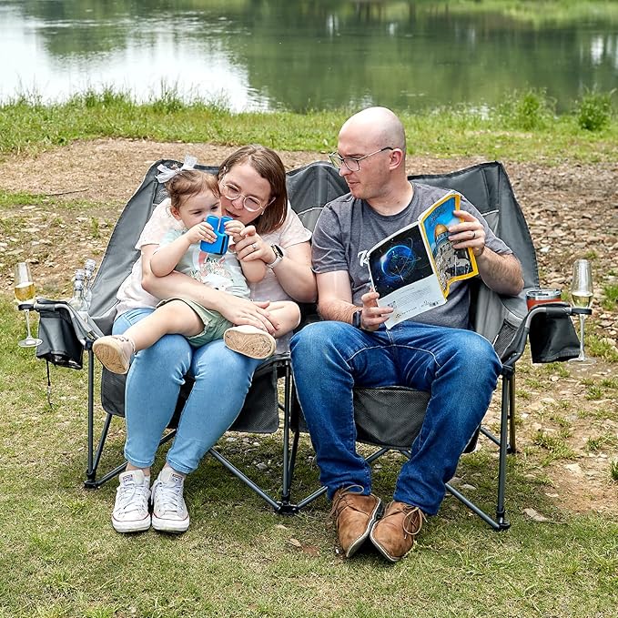 Timber Ridge 600 lbs Double Camping Chair, Ultra-Wide Heavy Duty Outdoor Folding Camp Couch, Loveseat Camping Chairs Perfect for Campsites, Patio/Lawn, Soccer Games or Other Youth Sports, Supports