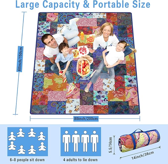 Supfitness Extra Large Picnic Blankets Waterproof Foldable (60"x 80") Beach Blanket Waterproof Sandproof,3-Layer Thicking Mat Outdoor Packable Camping Blanket